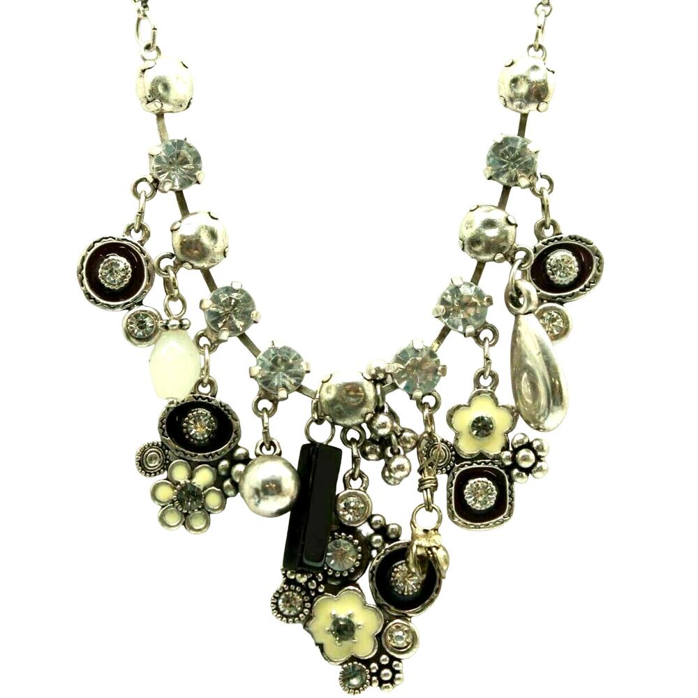 Tuzy Silvertone Statement Bib Necklace • Black & White Enamel & Rhinestones •MCM